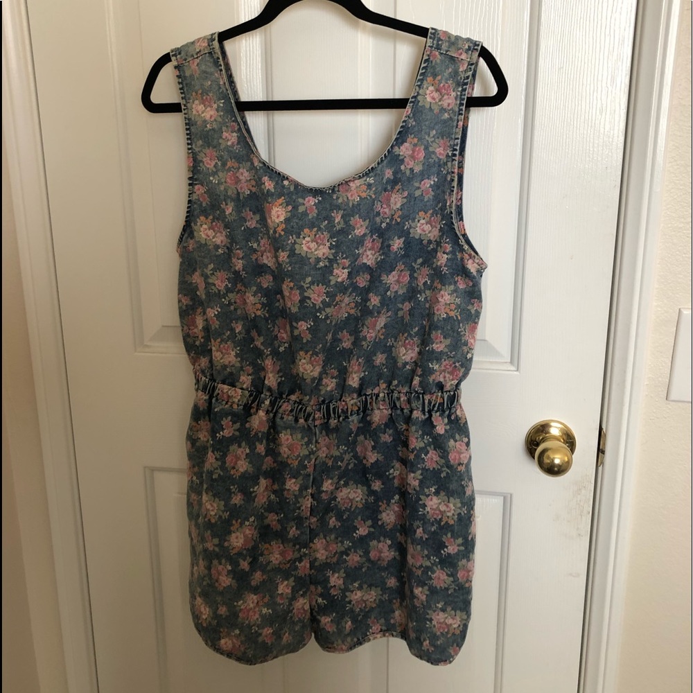 denim romper with floral design